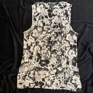 Ralph Lauren SEE VIDEO! Silk Sleeveless Floral Ruffle Split V Neck Tie Size 4